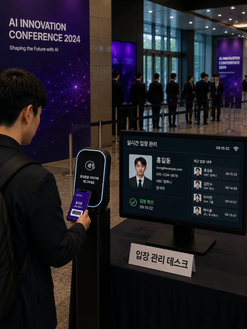 BindPass — 태그 한 번으로 실시간 입장 관리 화면에 참석이 기록되는 모습