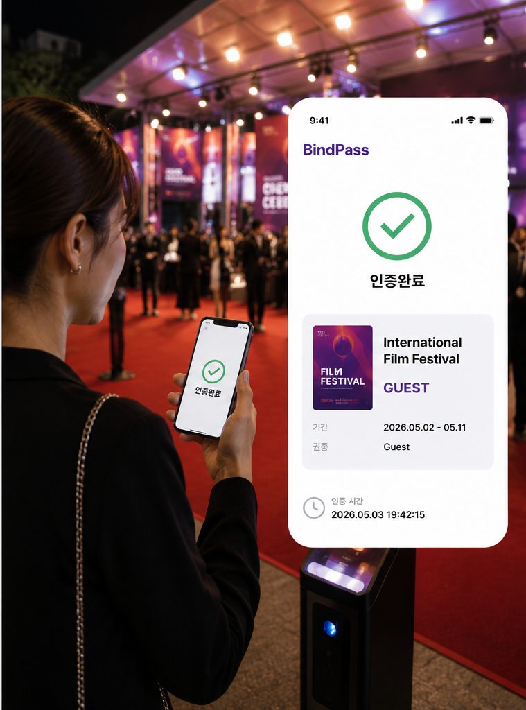BindPass — 게스트 권한 인증 완료 화면과 함께 게이트를 통과하는 참석자